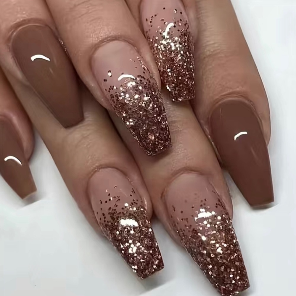 Passion 24 pcs Shimmer Ballerina Press On Nails - Medium Brown Coffin
